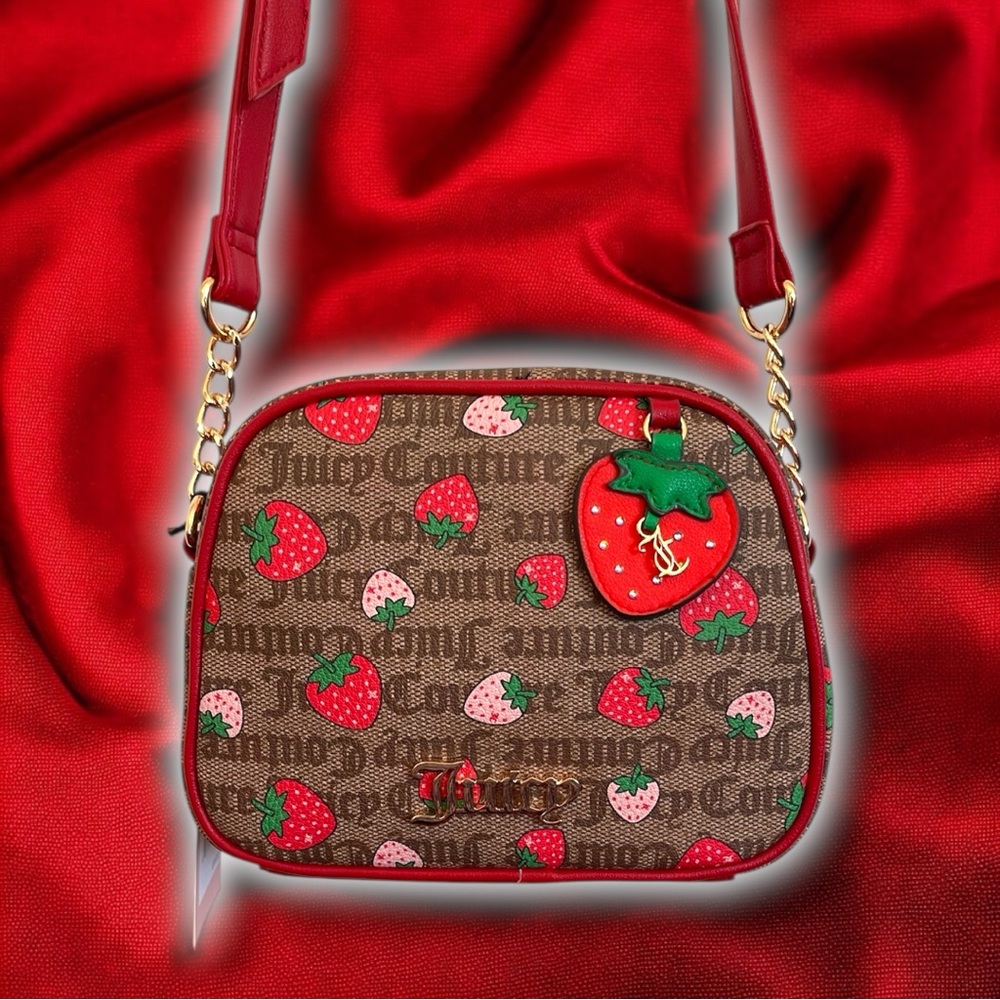 Juicy Couture Chestnut Strawberry Print Mini Retro Faux Leather Crossbody Purse